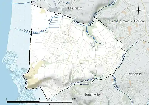Carte en couleur présentant le réseau hydrographique de la commune