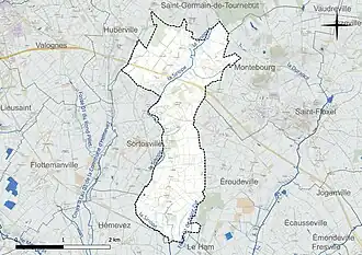 Carte en couleur présentant le réseau hydrographique de la commune