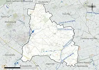 Carte en couleur présentant le réseau hydrographique de la commune