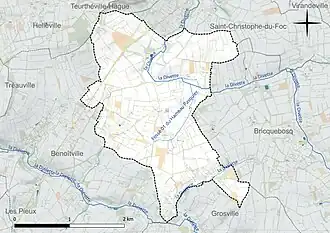 Carte en couleur présentant le réseau hydrographique de la commune