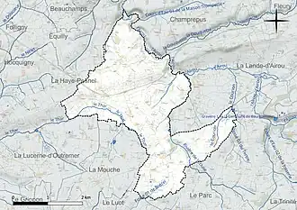 Carte en couleur présentant le réseau hydrographique de la commune