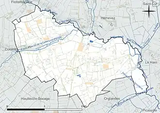 Carte en couleur présentant le réseau hydrographique de la commune