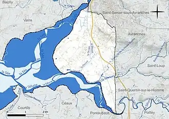 Carte en couleur présentant le réseau hydrographique de la commune