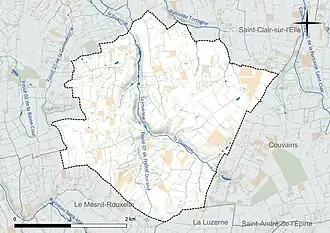 Carte en couleur présentant le réseau hydrographique de la commune