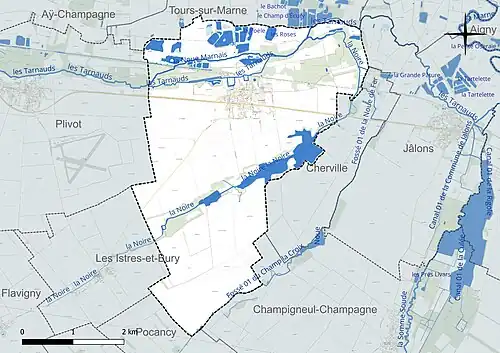Carte en couleur présentant le réseau hydrographique de la commune