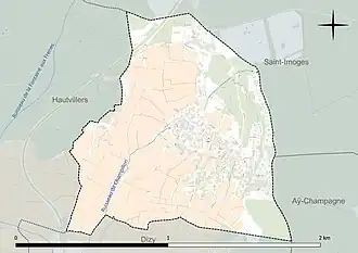 Carte en couleur présentant le réseau hydrographique de la commune