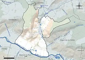 Carte en couleur présentant le réseau hydrographique de la commune