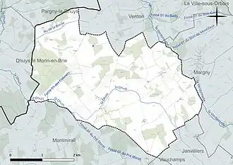 Carte en couleur présentant le réseau hydrographique de la commune