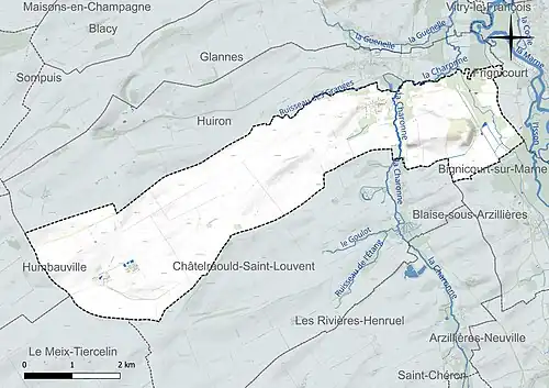 Carte en couleur présentant le réseau hydrographique de la commune