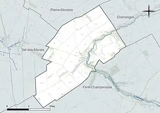 Carte en couleur présentant le réseau hydrographique de la commune