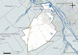 Carte en couleur présentant le réseau hydrographique de la commune