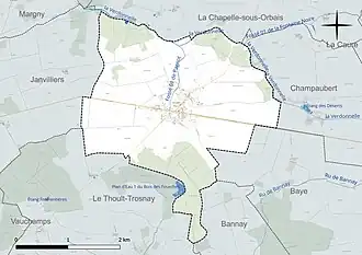 Carte en couleur présentant le réseau hydrographique de la commune