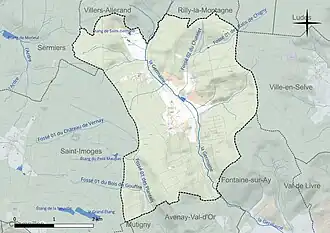 Carte en couleur présentant le réseau hydrographique de la commune