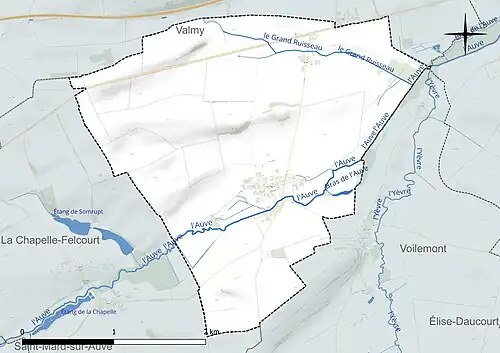 Carte en couleur présentant le réseau hydrographique de la commune