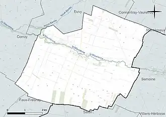 Carte en couleur présentant le réseau hydrographique de la commune