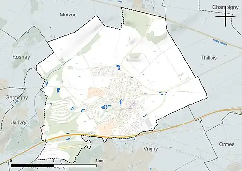 Carte en couleur présentant le réseau hydrographique de la commune