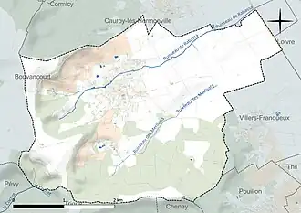 Carte en couleur présentant le réseau hydrographique de la commune