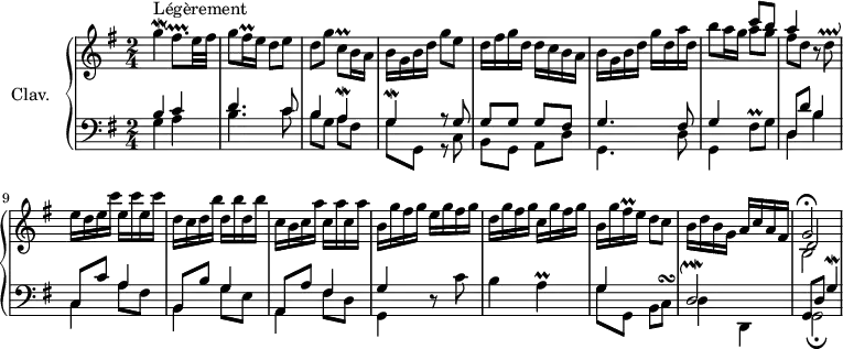 \version "2.18.2"
\header {
tagline = ##f
% composer = "Joseph-Hector Fiocco"
% opus = "opus 1"
% meter = "Légèrement"
}
%% les petites notes
mordGUp = { \tag #'print { g'4\mordent } \tag #'midi { g32 fis g16~ g8 } }
mordG = { \tag #'print { g4\mordent } \tag #'midi { g32 fis g16~ g8 } }
mordA = { \tag #'print { a4\mordent } \tag #'midi { a32 g a16~ a8 } }
mordDb = { \tag #'print { d2\upmordent } \tag #'midi { d32 e d e~ e8~ e4 } }
mordFisqp = { \tag #'print { fis8.\downprall } \tag #'midi { g32 fis g fis g fis } }
trillFisqq = { \tag #'print { fis16\prall } \tag #'midi { \times 2/3 { fis32 g fis } } }
trillCqDown = { \tag #'print { c,8\prall } \tag #'midi { d32 c d c } }
trillFqUp = { \tag #'print { fis'8\prall } \tag #'midi { g32 fis g fis } }
trillDq = { \tag #'print { d8\prallup } \tag #'midi { e32 d e d } }
trillA = { \tag #'print { a4\prall } \tag #'midi { b32 a b a~ a8 } }
turnCq = { \tag #'print { c8^\turn } \tag #'midi { d32 c b c } }
upper = \relative c'' {
\clef treble
\key g \major
\time 2/4
\tempo 4 = 88
\set Staff.midiInstrument = #"harpsichord"
s8*0^\markup{Légèrement}
\mordGUp \mordFisqp e32 fis | g8 \trillFisqq e16 d8 e | d g \trillCqDown b16 a | b g b d g8 e | d16 fis g d d c b a |
% ms. 6
b16 g b d g d a' d, | b'8 a16 g
<< { c8 b } \\ { a8 g } >> |
<< { a4 } \\ { fis8 d } >> r8 \trillDq | e16 d \repeat unfold 3 { e c' } d,16 c \repeat unfold 3 { d b' } c,16 b \repeat unfold 3 { c a' }
% ms. 12
b,16 g' fis g e g fis g | d g fis g c, g' fis g | b, g' \trillFisqq e16 d8 c | b16 d b g a c a fis << { g2\fermata } \\ { b,2 } \\ { d2 } >>
% ms. 18
}
lower = \relative c' {
\clef bass
\key g \major
\time 2/4
\set Staff.midiInstrument = #"harpsichord"
% ************************************** \appoggiatura a16 \repeat unfold 2 { } \times 2/3 { } \omit TupletNumber
<< { b4 c | d4. c8 | b4 \mordA | \mordG r8 g8 | g g g fis }
\\ { g4 a | b4. c8 | b g a fis | g8 g, r8 c8 | b g a d } >>
% ms. 6
<< { g4. fis8 | g4 } \\ { g,4. d'8 | g,4 } >> \trillFqUp g8 |
<< { d8 d' b4 | c,8 c' a4 | b,8 b' g4 | a,8 a' fis4 }
\\ { d4 b' c, a'8 fis | b,4 g'8 e | a,4 fis'8 d } >>
% ms. 12
<< { g4 } \\ { g,4 } >> r8 c'8 | b4 \trillA |
<< { g4 s4 | \mordDb | g,8 d' \mordG }
\\ { g8 g, b \turnCq | { \tag #'print d4 \tag #'midi r4 } d, | g2\fermata } >>
% ms. 18
}
thePianoStaff = \new PianoStaff <<
\set PianoStaff.instrumentName = #"Clav."
\new Staff = "upper" \upper
\new Staff = "lower" \lower
>>
\score {
\keepWithTag #'print \thePianoStaff
\layout {
#(layout-set-staff-size 17)
\context {
\Score
\override TupletBracket.bracket-visibility = ##f
\override SpacingSpanner.common-shortest-duration = #(ly:make-moment 1/2)
\remove "Metronome_mark_engraver"
}
}
}
\score {
\keepWithTag #'midi \thePianoStaff
\midi { }
}
