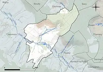 Carte en couleur présentant le réseau hydrographique de la commune