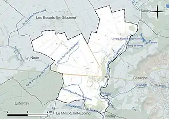 Carte en couleur présentant le réseau hydrographique de la commune