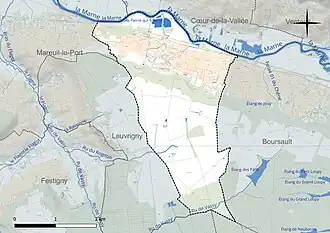Carte en couleur présentant le réseau hydrographique de la commune