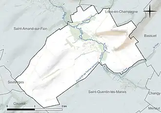 Carte en couleur présentant le réseau hydrographique de la commune