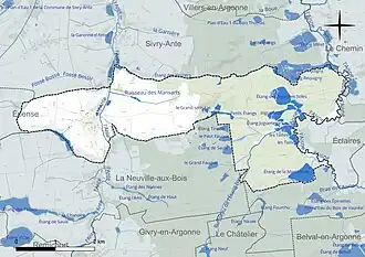 Carte en couleur présentant le réseau hydrographique de la commune