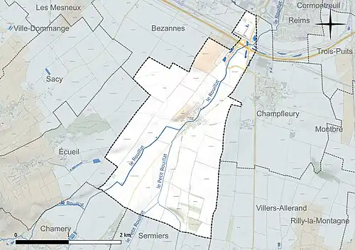 Carte en couleur présentant le réseau hydrographique de la commune