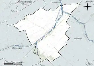 Carte en couleur présentant le réseau hydrographique de la commune