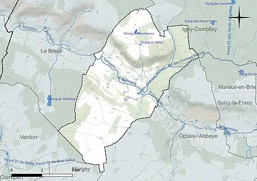 Carte en couleur présentant le réseau hydrographique de la commune