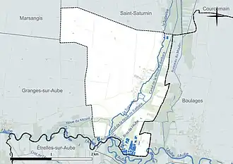 Carte en couleur présentant le réseau hydrographique de la commune