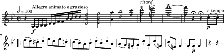 \relative c'' {
\version "2.18.2"
\key bes \major
\time 2/2
\tempo 2 = 100
\tempo "Allegro animato e grazioso"
r4 a,16 \f ^\markup {Allegro animato e grazioso} a bes bes d d f f bes bes d d
<d, bes' f'>2 < ees bes' g'>
<a a'>4 <d bes'>2 <f c'>4
<f d'>2^> ^ \markup {\italic ritard.} <e e'>^> <f f'>1^> ~ <f f'>4 r \fermata r\fermata c8-. \p ^\markup {a tempo} (cis8-.)
\bar ".|:" ees (d) cis-.d-. f-. d-. f-. c-.
c (bes) a-. bes-. d-. bes-. d-. a-.
a (g) fis-. g-. d'-. g,-.
d' (f,) c' (e,) f4 f8-. f-.\p f4-. r r
}