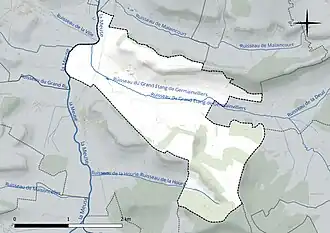 Carte en couleur présentant le réseau hydrographique de la commune