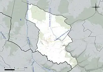 Carte en couleur présentant le réseau hydrographique de la commune