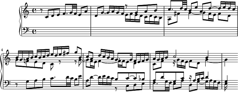 \version "2.14.2"
\header {
tagline = ##f
}
sujet = { r8 c8 d e f8. g32 f e8 a | d, g~ g16 a g f }
reponse = { r8 g8 a b | c8. d32 c b8 e a, d~ d16 e d c }
upper = \relative c' {
\clef treble
\key c \major
\time 4/4
\tempo 4 = 62
%\autoBeamOff
\sujet
<< { \reponse b16 g a b c b c d e d e fis g8 b, c a d16 c b a g8. g16 f e f g a g a b c2 b4 } \\ { e,16 f e d c d c b | a8 fis' g4~ g8 fis16 e fis8 d | g f! e d c r8 r8 g'8~ g f16 e f4~ f16 f e8 d4 | c8 f r16 g16 f e f8 d g4~ g} >>
}
lower = \relative c {
\clef bass
\key c \major
\time 4/4
s1*3
\relative c' \reponse
<< { b'8 c~ c bes a d g, c r16 a b c d4 g, } \\ { \relative c \sujet e16 } >>
}
\score {
\new PianoStaff <<
% \set PianoStaff.instrumentName = #""
\new Staff = "upper" \upper
\new Staff = "lower" \lower
>>
\layout {
\context {
\Score
\remove "Metronome_mark_engraver"
\override SpacingSpanner.common-shortest-duration = #(ly:make-moment 1/3)
}
}
\midi { }
}