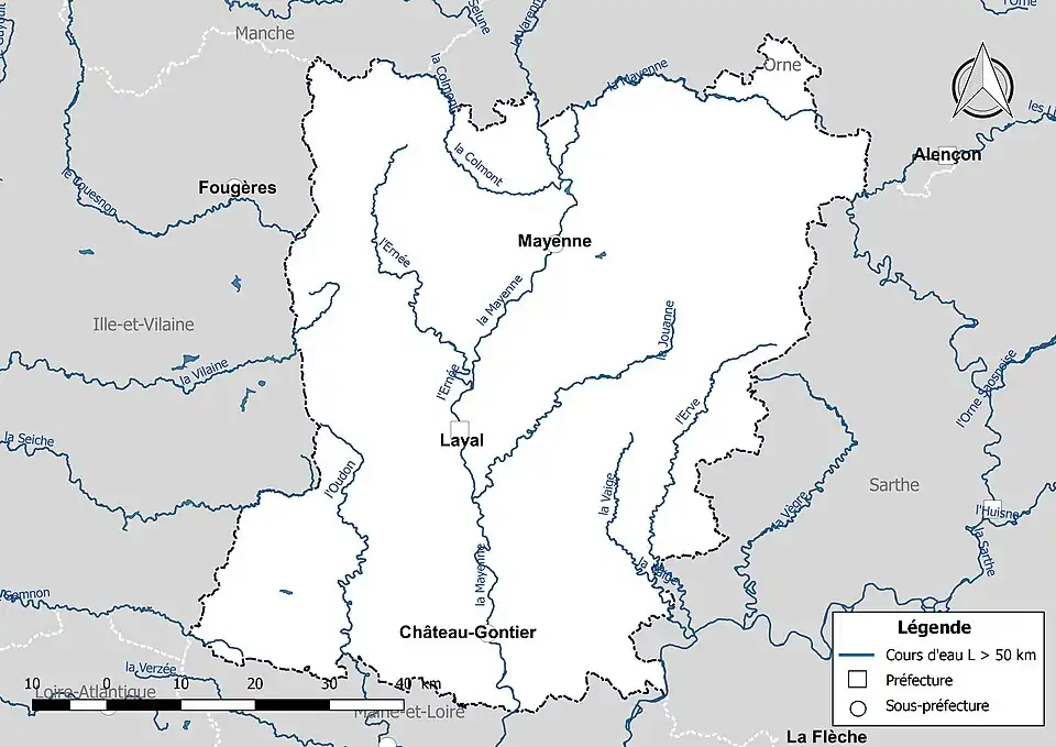 Carte des cours d'eau de longueur supérieure à 50&nbsp;km de la Mayenne.