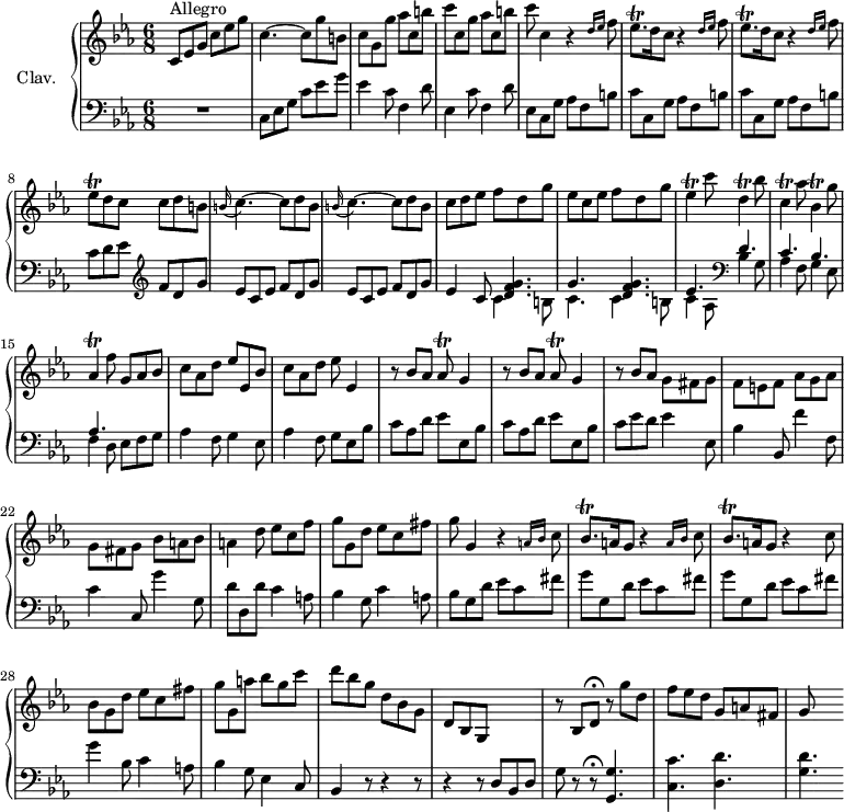 
\version "2.18.2"
\header {
  tagline = ##f
  % composer = "Domenico Scarlatti"
  % opus = "K. 129"
  % meter = "Allegro"
}

%% les petites notes
trillEesqp       = { \tag #'print { ees8.\trill } \tag #'midi { f32 ees f ees~ ees16 } }
trillEesq        = { \tag #'print { ees8\trill } \tag #'midi { f32 ees f ees } }
trillEes         = { \tag #'print { ees4\trill } \tag #'midi { f32 ees f ees~ ees8 } }
trillDDown       = { \tag #'print { d,4\trill } \tag #'midi { ees32 d ees d~ d8 } }
trillCDown       = { \tag #'print { c,4\trill } \tag #'midi { d32 c d c~ c8 } }
trillBesDown     = { \tag #'print { bes,4\trill } \tag #'midi { c32 bes c bes~ bes8 } }
trillAesDown     = { \tag #'print { aes,4\trill } \tag #'midi { bes32 aes bes aes~ aes8 } }
trillAesq        = { \tag #'print { aes8\trill } \tag #'midi { bes32 aes bes aes } }
trillBesqp       = { \tag #'print { bes8.\trill } \tag #'midi { c32 bes c bes~ bes16 } }

upper = \relative c'' {
  \clef treble 
  \key c \minor
  \time 6/8
  \tempo 4. = 88
  \set Staff.midiInstrument = #"harpsichord"
  \override TupletBracket.bracket-visibility = ##f

      s8*0^\markup{Allegro}
      c,8 ees g c ees g | c,4.~ c8 g' b, | c g g'  aes c, b' | c c, g' aes c, b' |
      % ms. 5
      c8 c,4 r4 \grace {   \tempo 4. = 50 d16 ees }   \tempo 4. = 88 f8 | \repeat unfold 2 { \trillEesqp d16 c8 r4 \grace {   \tempo 4. = 50 d16 ees }   \tempo 4. = 88 f8 } | \trillEesq d c c d b |
      % ms. 9
      \repeat unfold 2 { \appoggiatura b16 c4.~ c8 d b } | c8 d ees f d g | ees c ees f d g | \trillEes c'8 \trillDDown bes'8 |
      % ms. 14
      \trillCDown aes'8 \trillBesDown g'8 | \trillAesDown f'8 g,8 aes bes | c aes d ees ees, bes' | c aes d ees ees,4 | \repeat unfold 2 { r8 bes'8 aes \trillAesq g4 } |
      % ms. 20
      r8 bes8 aes << {} \\ { g8 fis g | f e f aes g aes | g fis g bes a bes | a4 } >> d8 | ees c f |
      % ms. 24
      g8 g, d' ees c fis | g8 g,4 \repeat unfold 2 { r4 \grace {   \tempo 4. = 50 a16 bes }   \tempo 4. = 88 c8 | \trillBesqp a16 g8 } r4 c8 |
      % ms. 28
      bes8 g d' ees c fis | g g, a' bes g c | d bes g d bes g | d bes g s4. | r8 bes \tempo 4. = 20 d8\fermata  \tempo 4. = 88 r8 g' d |
      % ms. 33
      f8 ees d g, a fis | g8 s4

}

lower = \relative c' {
  \clef bass
  \key c \minor
  \time 6/8
  \set Staff.midiInstrument = #"harpsichord"
  \override TupletBracket.bracket-visibility = ##f

    % ************************************** \appoggiatura a16  \repeat unfold 2 {  } \times 2/3 { }   \omit TupletNumber 
      R2. | c,8 ees g c ees g | ees4 c8 f,4 d'8 | ees,4 c'8 f,4 d'8 |
      % ms. 5
      ees,8 c g' aes f b | \repeat unfold 2 { c c, g' aes f b } | c8 d ees   \clef treble  f d g |
      % ms. 9
      \repeat unfold 2 { ees8 c ees f d g } | ees4 c8 << { < d f g >4. | g4. < d f g > | ees } \\ { c4 b8 | c4. c4 b8 | c4 aes8 } >>   \clef bass 
      % ms. 13 suite
      << { d4. | c bes | aes } \\ { bes4 g8 | aes4 f8 g4 ees8 | f4 d8 } >> ees8 f g | aes4 f8 g4 ees8 | aes4 f8 g ees bes' |
      % ms. 18
      \repeat unfold 2 { c aes d ees ees, bes' } | c8 ees d ees4 ees,8 | bes'4 bes,8 f''4 f,8 | c'4 c,8 g''4 g,8 | d'8 d, d' c4 a8 |
      % ms. 24
      bes4 g8 c4 a8 | bes g d' ees c fis | \repeat unfold 2 { g8 g, d' ees c fis } |
      % ms. 28
      g4 bes,8 c4 a8 | bes4 g8 ees4 c8 | bes4 r8 r4 r8 | r4 r8 d8 bes d | g r8 r8\fermata < g, g' >4.
      % ms. 33
      < c c' >4. < d d' > | < g d' > 

}

thePianoStaff = \new PianoStaff <<
    \set PianoStaff.instrumentName = #"Clav."
    \new Staff = "upper" \upper
    \new Staff = "lower" \lower
  >>

\score {
  \keepWithTag #'print \thePianoStaff
  \layout {
      #(layout-set-staff-size 17)
    \context {
      \Score
     \override SpacingSpanner.common-shortest-duration = #(ly:make-moment 1/2)
      \remove "Metronome_mark_engraver"
    }
  }
}

\score {
  \keepWithTag #'midi \thePianoStaff
  \midi { }
}
