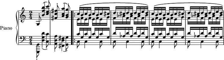 \version "2.18.2"
\header {
tagline=##f
}
%%%%%%%%%% KEYS %%%%%%%%%%%%%
global={
\time 2/4
\tempo 4=104
}
Key={ \key c \major }
rhUpper=\relative c'' {
\voiceOne
\Key
g,8-. < b' f' b >4( < c e c' >8)|< fis, c' fis >8-. < a c a' >4( < g b g' >8)
\repeat unfold 2 { \repeat unfold 3 { s4*0\( c16 b } c cis \repeat unfold 3 { d16 cis } e d\) }
}
rhLower=\relative c' {
\voiceTwo
\Key
s1 \repeat unfold 2 { \repeat unfold 3 { e16 f } e g \repeat unfold 3 { f16 aes } f b }
}
lhUpper=\relative c' {
\voiceOne
\Key
s1 \repeat unfold 2 { \repeat unfold 4 { c16 g } \repeat unfold 3 { d'16 aes } d g, }
}
lhLower=\relative c {
\voiceTwo
\Key
< g g, >8-. < d' g d' >4( < c c' >8) < a d a' >8-. < fis d' fis >4( < g g' >8) \bar ".|:"
\repeat unfold 4 { c8 c4 c8 }
}
PianoRH={
\clef treble
\global
\set Staff.midiInstrument=#"acoustic grand"
<<
\new Voice="one" \rhUpper
\new Voice="two" \rhLower
>>
}
PianoLH={
\clef bass
\global
\set Staff.midiInstrument=#"acoustic grand"
<<
\new Voice="one" \lhUpper
\new Voice="two" \lhLower
>>
}
piano={
<<
\set PianoStaff.instrumentName=#"Piano"
\new Staff="upper" \PianoRH
\new Staff="lower" \PianoLH
>>
}
\score {
\new PianoStaff <<
\set PianoStaff.instrumentName=#"Piano"
\new PianoStaff="piano" \piano
>>
\layout {
\context {
\Score
\remove "Metronome_mark_engraver"
\override SpacingSpanner.common-shortest-duration=#(ly:make-moment 1/2)
}
}
\midi { }
}