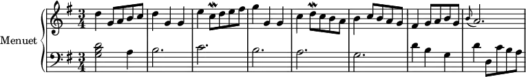 \version "2.14.2"
\header {
tagline = ##f
}
upper = \relative c'' {
\clef treble
\key g \major
\time 3/4
\tempo 2 = 72
%\autoBeamOff
d4 g,8 a b c | d4 g, g | e' c8\mordent d e fis | g4 g, g | c d8\mordent c b a | b4 c8 b a g | fis4 g8 a b g |
\grace b8( a2.)
}
lower = \relative c' {
\clef bass
\key g \major
\time 3/4
< g b d >2 a4 | b2. c2. b2. a2. g2. | d'4 b g | d' d,8 c' b a
}
\score {
\new PianoStaff <<
\set PianoStaff.instrumentName = #"Menuet"
\new Staff = "upper" \upper
\new Staff = "lower" \lower
>>
\layout {
\context {
\Score
\remove "Metronome_mark_engraver"
}
}
\midi { }
}