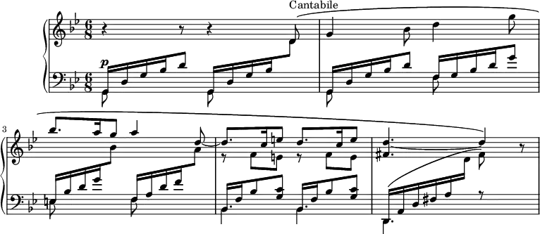 \version "2.18.2"
\header {
tagline = ##f
}
upper = \relative c' {
\clef treble
\key g \minor
\time 6/8
\tempo 4. = 52
\tempo "Andantino quasi allegretto"
\set Staff.midiInstrument = #"flute"
% Fauré, op. 78
r4 r8 r4 d8^\markup{Cantabile}\( | g4 bes8 d4 g8 \stemUp bes8. a16 g8 a4 d,8~ d8.c16 e8 d8.c16 e8 < d fis, >4.~ d4\) r8
}
lower = \relative c {
\clef bass
\key g \minor
\time 6/8
\set Staff.midiInstrument = #"orchestral harp" % A FAIRE : la voix upper doit sonner en harpe
<<
% Arpèges
{ g16 d' g bes d8 g,,16 d' g bes \stemDown \change Staff = "upper" d8 \stemUp \change Staff = "lower" g,,16 d' g bes d8 f,16 g bes d g8 e,16 bes' d g \stemDown \change Staff = "upper" bes8 \stemUp \change Staff = "lower" f,16 a d f \stemDown \change Staff = "upper" a8 \stemUp \change Staff = "lower" \repeat unfold 2 { bes,,16 f' bes8 < g c >8 } d,16\( a' d fis a \stemDown \change Staff = "upper" d16 fis8\) }
% juste les notes accompagnement sur upper
\\ { \stemDown \change Staff = "upper" s4.*4 s4 s8 s4 s8 r8 f8 e r8 f8 e }
% Basse
\\ { \stemDown g,,8^\p s4 g8 s4 | g8 s4 f'8 s4 e8 s4 f8 s4 \mergeDifferentlyDottedOn bes,4. bes d, r8 s4 } >>
}
\score {
\new PianoStaff <<
\set PianoStaff.instrumentName = #""
\new Staff = "upper" \upper
\new Staff = "lower" \lower
>>
\layout {
\context {
\Score
\remove "Metronome_mark_engraver"
% \override SpacingSpanner.common-shortest-duration = #(ly:make-moment 1/3)
}
}
\midi {
\context {
\Staff
\remove "Staff_performer"
}
\context {
\Voice
\consists "Staff_performer"
} }
}