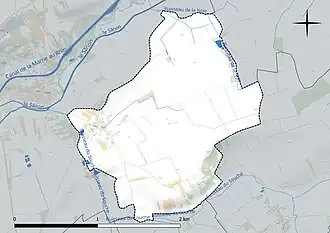Carte en couleur présentant le réseau hydrographique de la commune