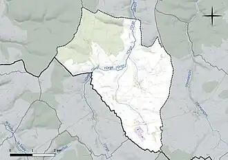Carte en couleur présentant le réseau hydrographique de la commune