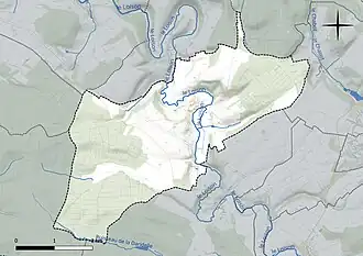 Carte en couleur présentant le réseau hydrographique de la commune
