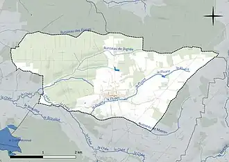 Carte en couleur présentant le réseau hydrographique de la commune
