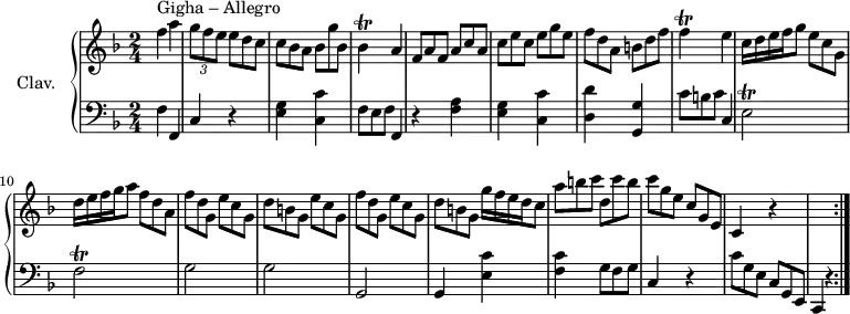 
\version "2.18.2"
\header {
  tagline = ##f
  % composer = "Domenico Scarlatti"
  % opus = "K. 78"
  % meter = "Allegro"
}

%% les petites notes
trillB     = { \tag #'print { bes4\trill } \tag #'midi { c32 bes c bes~ bes8 } }
trillF     = { \tag #'print { f4\trill } \tag #'midi { g32 f g f~ f8 } }
dMuet      = { \tag #'print { \times 2/3 { c'8 g e } } \tag #'midi { \times 2/3 { s8 g8 e } } }
trillEb    = { \tag #'print { e2\trill } \tag #'midi { f32 e f e~ e8~ e4 } }
trillFb    = { \tag #'print { f2\trill } \tag #'midi { g32 f g f~ f8~ f4 } }

upper = \relative c'' {
  \clef treble 
  \key f \major
  \time 2/4
  \tempo 4 = 112
  \set Staff.midiInstrument = #"harpsichord"
  \override TupletBracket.bracket-visibility = ##f

  \repeat volta 2 {
      s8*0^\markup{Gigha – Allegro} 
      f4 a | \times 2/3 { g8 f e }   \omit TupletNumber \times 2/3 { e8 d c } | \times 2/3 { c8 bes a } \times 2/3 { bes8 g' bes, } \trillB a4 | \times 2/3 { f8 a f } \times 2/3 { a8[ c a] }
      % ms. 6
      \times 2/3 { c8 e c } \times 2/3 { e8[ g e] } \times 2/3 { f8 d a } \times 2/3 { b8[ d f] } \trillF e4 | \times 2/3 { c16 d e f g8 } \times 2/3 { e8 c g } | \times 2/3 { d'16 e f g a8 } \times 2/3 { f8 d a }
      % ms. 11
      \times 2/3 { f'8 d g, } \times 2/3 { e'8[ c g] } \times 2/3 { d'8 b g } \times 2/3 { e'8[ c g] } \times 2/3 { f'8 d g, } \times 2/3 { e'8[ c g] } \times 2/3 { d'8 b g } \times 2/3 { g'16 f e d c8 } | \times 2/3 { a'8 b c } \times 2/3 { d,8[ c' b] }
      % ms. 16
      \times 2/3 { c8 g e } \times 2/3 { c8[ g e] } c4 r4 s2 }%reprise

}

lower = \relative c' {
  \clef bass
  \key f \major
  \time 2/4
  \set Staff.midiInstrument = #"harpsichord"
  \override TupletBracket.bracket-visibility = ##f
  \omit TupletNumber

  \repeat volta 2 {
    % **************************************
      f,4 f, | c' r4 | < e g >4 < c c' > | \times 2/3 { f8 e f } f,4 | r4 < f' a >4
      % ms. 6
      < g e >4 < c, c' > | < d d' > < g, g' > | \times 2/3 { c'8 b c } c,4 | \trillEb | \trillFb |
      % ms. 11
      g2 g g, | g4 < e' c' >4 | < f c' > \times 2/3 { g8 f g } |
      % ms. 16
      c,4 r4 | \dMuet \times 2/3 { c8[ g e] } | c4 r4 }% reprise
      % ms. 21
      

}

thePianoStaff = \new PianoStaff <<
    \set PianoStaff.instrumentName = #"Clav."
    \new Staff = "upper" \upper
    \new Staff = "lower" \lower
  >>

\score {
  \keepWithTag #'print \thePianoStaff
  \layout {
      #(layout-set-staff-size 17)
    \context {
      \Score
     \override SpacingSpanner.common-shortest-duration = #(ly:make-moment 1/2)
      \remove "Metronome_mark_engraver"
    }
  }
}

\score {
  \unfoldRepeats
  \keepWithTag #'midi \thePianoStaff
  \midi { }
}
