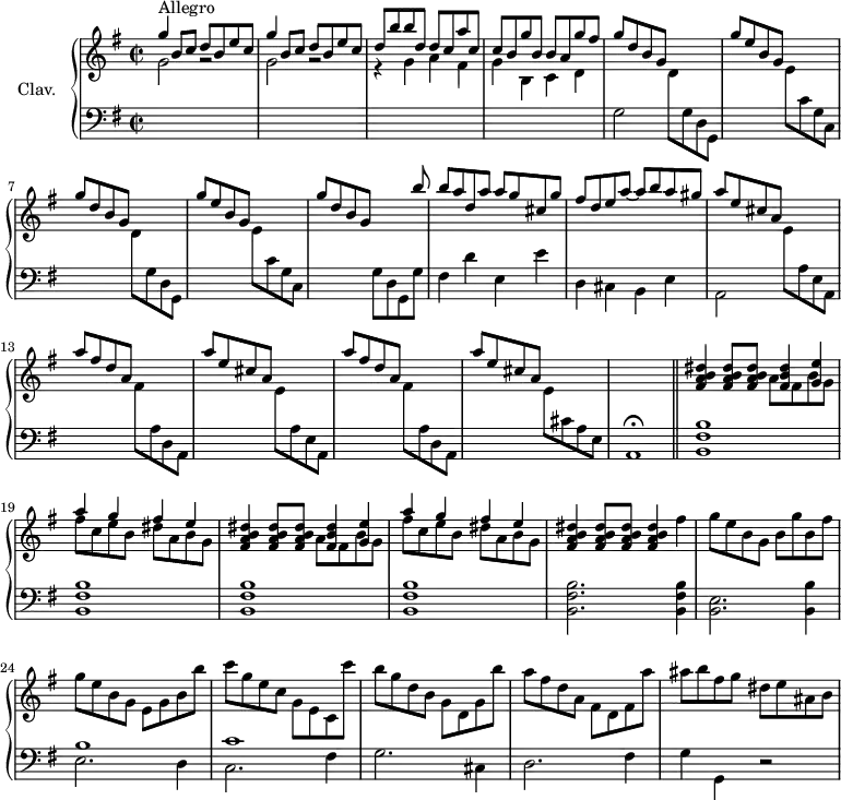 
\version "2.18.2"
\header {
  tagline = ##f
  % composer = "Domenico Scarlatti"
  % opus = "K. 337"
  % meter = "Allegro"
}

%% les petites notes
%trillBesp     = { \tag #'print { bes4.\prall } \tag #'midi { c32 bes c bes~ bes4 } }

upper = \relative c'' {
  \clef treble 
  \key g \major
  \time 2/2
  \tempo 2 = 92
  \set Staff.midiInstrument = #"harpsichord"
  \override TupletBracket.bracket-visibility = ##f

      s8*0^\markup{Allegro}
      \stemUp \repeat unfold 2 { g'4 b,8 c d b e c } | d8 b' b d, d c a' c, | c b g' b, b a g' fis |
      % ms. 5
      \repeat unfold 2 { g8 d b g s2 | g'8 e b g s2 } |
      % ms. 9
      g'8 d b g s4 s8 b'8 | b a d, a' a g cis, g' | fis d e a~ a b a gis | \repeat unfold 2 { a e cis a s2 |
      % ms. 13
      a'8 fis d a s2 } | a'8 e cis a s2 | s1 |
      % ms. 18
      \stemNeutral \repeat unfold 2 { < fis a b dis >4 q8 q8 << { < fis b dis >4 < g e' > } \\ { a8 fis b g } >> | << { a'4 g fis e } \\ { fis8 c e b dis a b g } >> }
      % ms. 22
      < fis a b dis >4 q8 q8 q4 fis' | g8 e b g b g' b, fis' | g e b g e g b b' | c g e c g e c c'' |
      % ms. 26
      b8 g d b g d g b' | a fis d a fis d fis a' | ais b fis g dis e ais, b | 

}

lower = \relative c' {
  \clef bass
  \key g \major
  \time 2/2
  \set Staff.midiInstrument = #"harpsichord"
  \override TupletBracket.bracket-visibility = ##f

    % ************************************** \appoggiatura a8  \repeat unfold 2 {  } \times 2/3 { }   \omit TupletNumber 
      \stemDown \change Staff = "upper" g'2 r2 | g2 r2 | r4 g4 a fis  | g b, c d |
      % ms. 5
      \change Staff = "lower" g,2 \repeat unfold 2 { \stemDown \change Staff = "upper" d'8  \change Staff = "lower" g, d g, | s2 \stemDown \change Staff = "upper" e''8 \change Staff = "lower" c g c, s2 } |
      % ms. 9
      g'8 d g, g' | fis4 d' e, e' | d, cis b e | a,2 \repeat unfold 2 { \stemDown \change Staff = "upper" e''8  \change Staff = "lower" a, e a, |
      % ms. 13
      s2 \stemDown \change Staff = "upper" fis''8   \change Staff = "lower" a, d, a s2 } | \stemDown \change Staff = "upper" e''8 \change Staff = "lower" cis a e | a,1\fermata \bar "||"
      % ms. 18
      \repeat unfold 4 { < b fis' b >1 }
      % ms. 22
      < b fis' b >2. q4 | < e b >2. < b b' >4 | << { b'1 | c } \\ { e,2. d4 | c2. fis4 } >>
      % ms. 26
      g2. cis,4 | d2. fis4 | g4 g, r2 |

}

thePianoStaff = \new PianoStaff <<
    \set PianoStaff.instrumentName = #"Clav."
    \new Staff = "upper" \upper
    \new Staff = "lower" \lower
  >>

\score {
  \keepWithTag #'print \thePianoStaff
  \layout {
      #(layout-set-staff-size 17)
    \context {
      \Score
     \override SpacingSpanner.common-shortest-duration = #(ly:make-moment 1/2)
      \remove "Metronome_mark_engraver"
    }
  }
}

\score {
  \keepWithTag #'midi \thePianoStaff
  \midi { }
}
