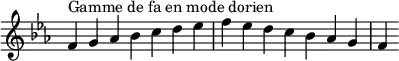{
\override Score.TimeSignature #'stencil = ##f
\relative c' {
\key f \dorian
\clef treble \time 7/4
f4^\markup { Gamme de fa en mode dorien } g aes bes c d es f es d c bes aes g f
} }