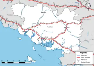 Carte du réseau routier national (autoroutes et routes nationales) dans le département du Morbihan
