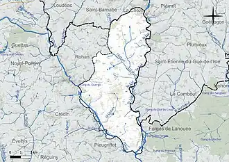 Carte en couleur présentant le réseau hydrographique de la commune