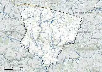 Carte en couleur présentant le réseau hydrographique de la commune